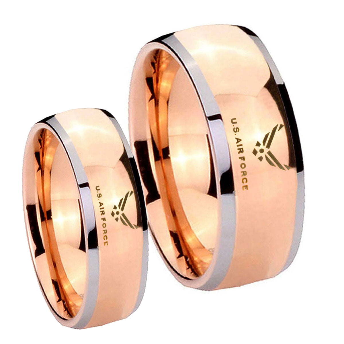 Rose Gold Dome US Air Force Two Tone Tungsten Mens Set Ring