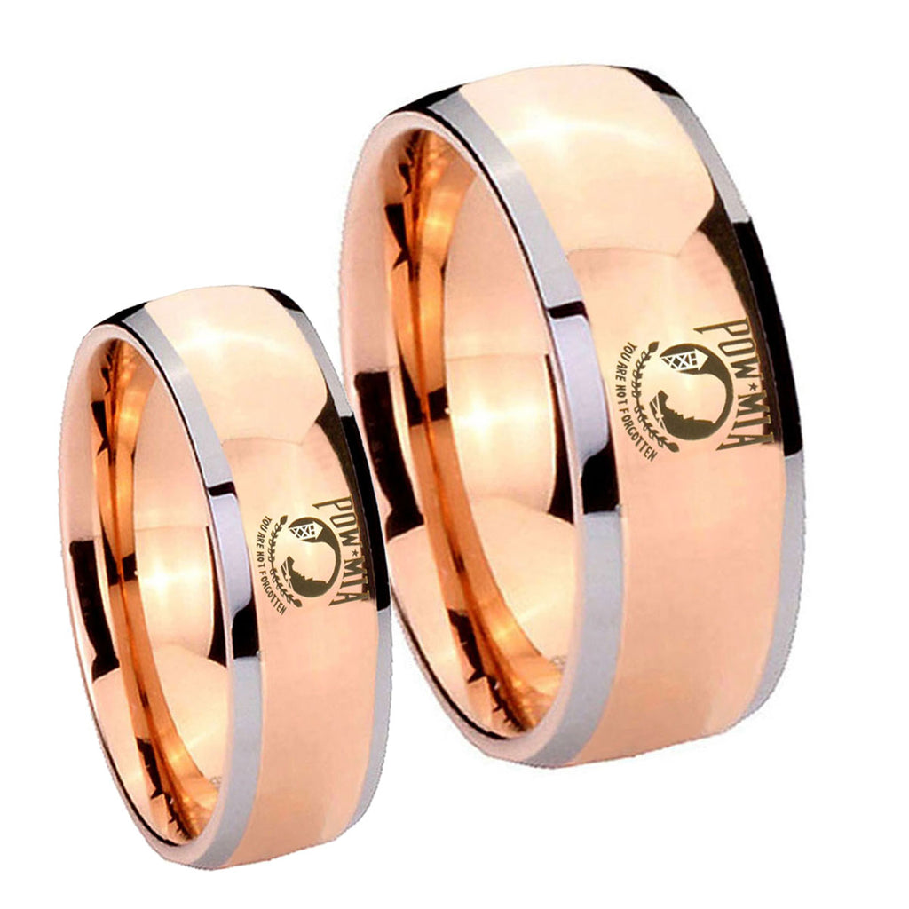 Military Pow Dome Rose Gold Tungsten Matching Ring Set