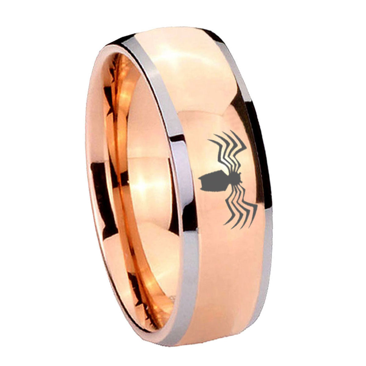 8mm Spider Dome Rose Gold Tungsten Mens Ring Engraved