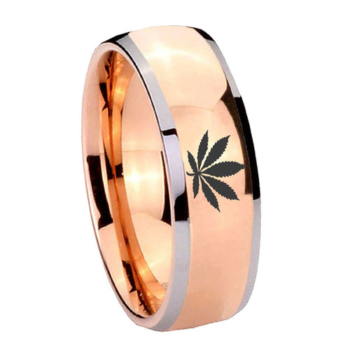 8mm Marijuana Leaf Dome Rose Gold Tungsten Men's Bands Ring