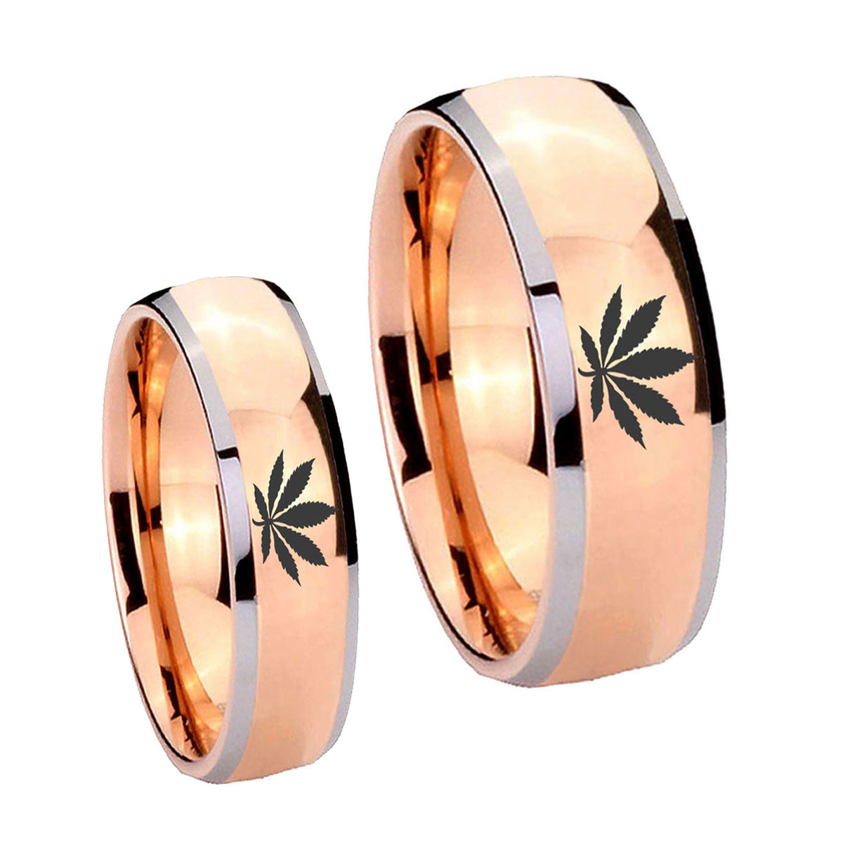 Marijuana Leaf Dome Rose Gold Tungsten Wedding Band Set