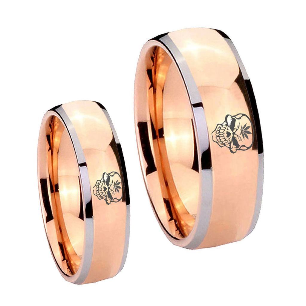 Skull Marijuana Leaf Dome Rose Gold Tungsten Bridal Ring Sets