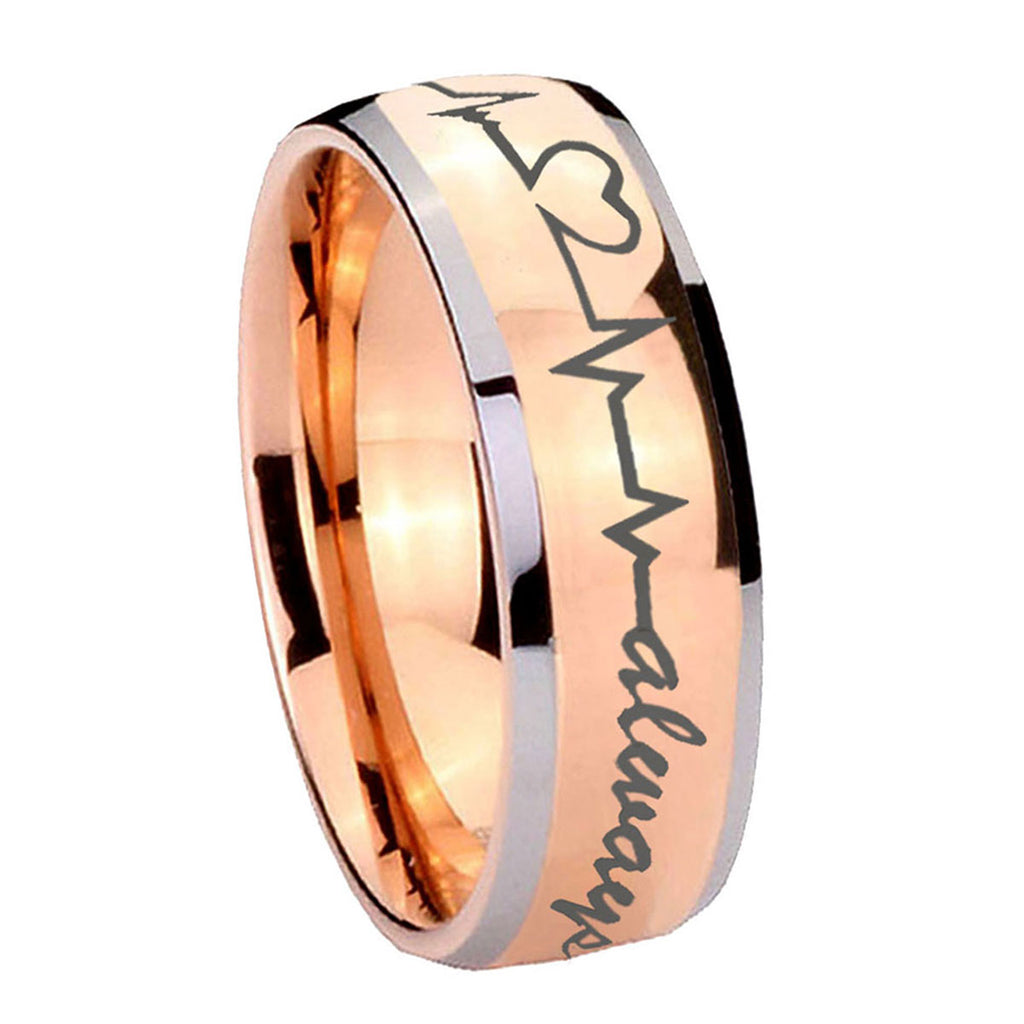 8mm Heart Beat forever Heart always Dome Rose Gold Tungsten Ring