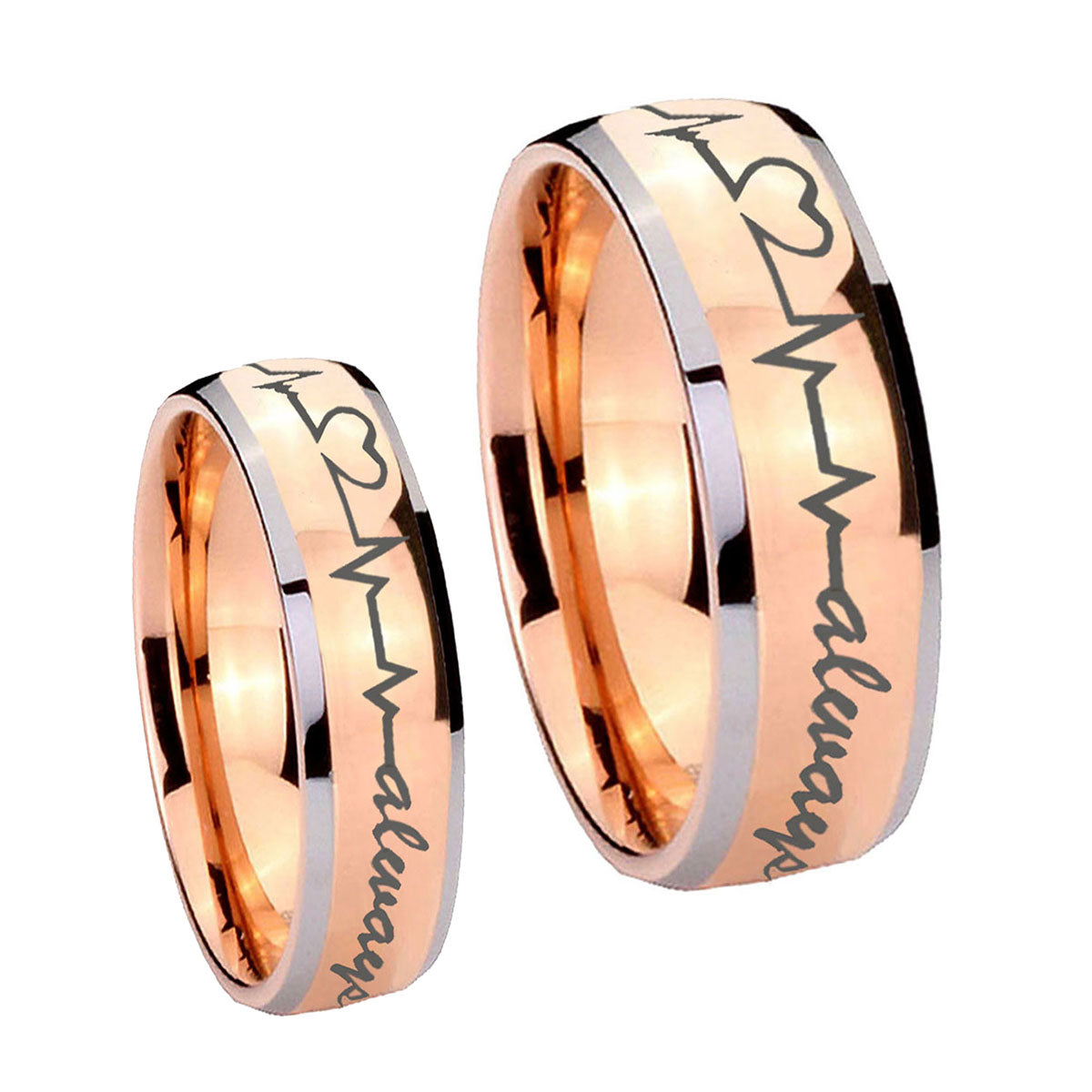 Heart Beat forever Heart always Dome Rose Gold Tungsten Bridal Set Rings