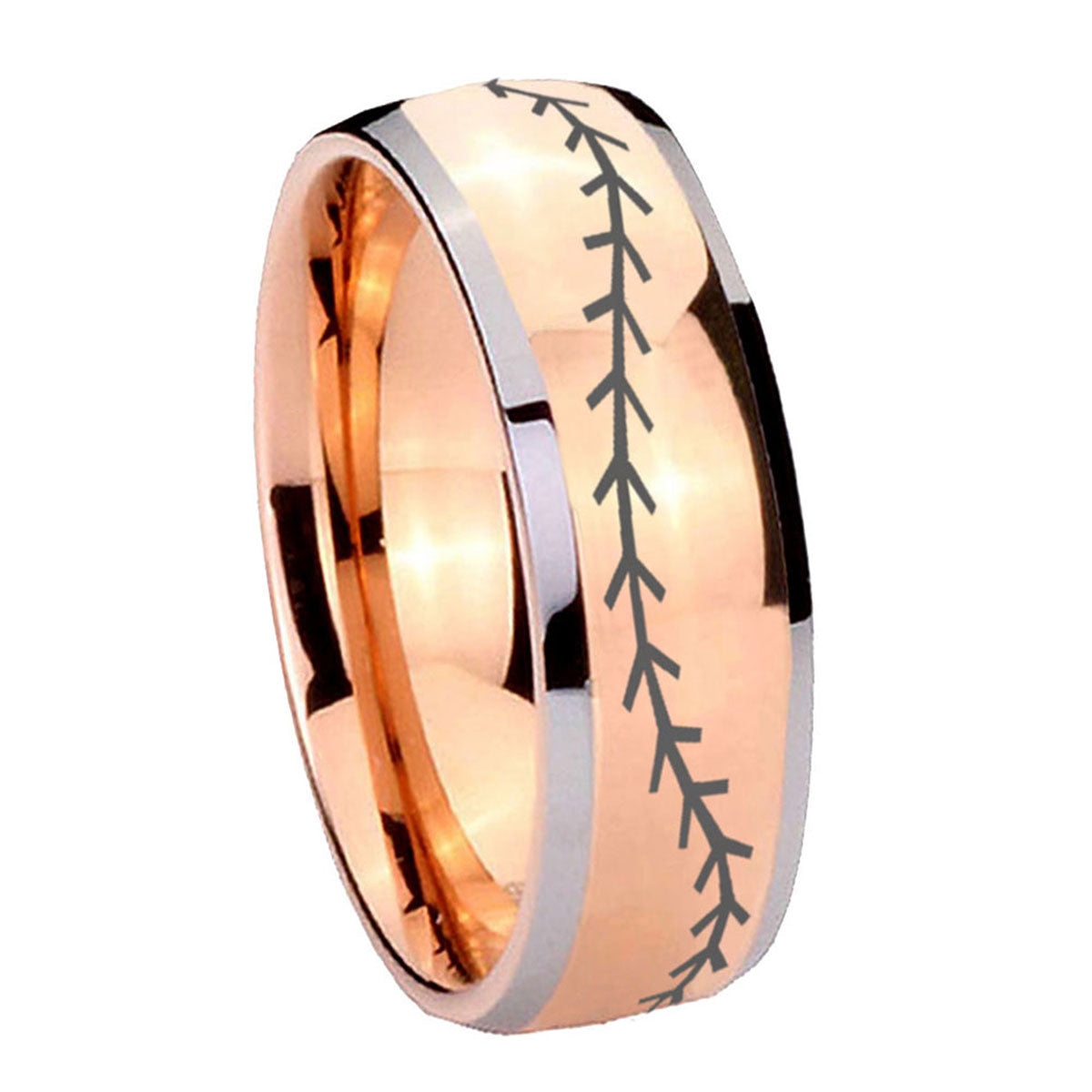 8mm Baseball Stitch Dome Rose Gold Tungsten Promised Ring