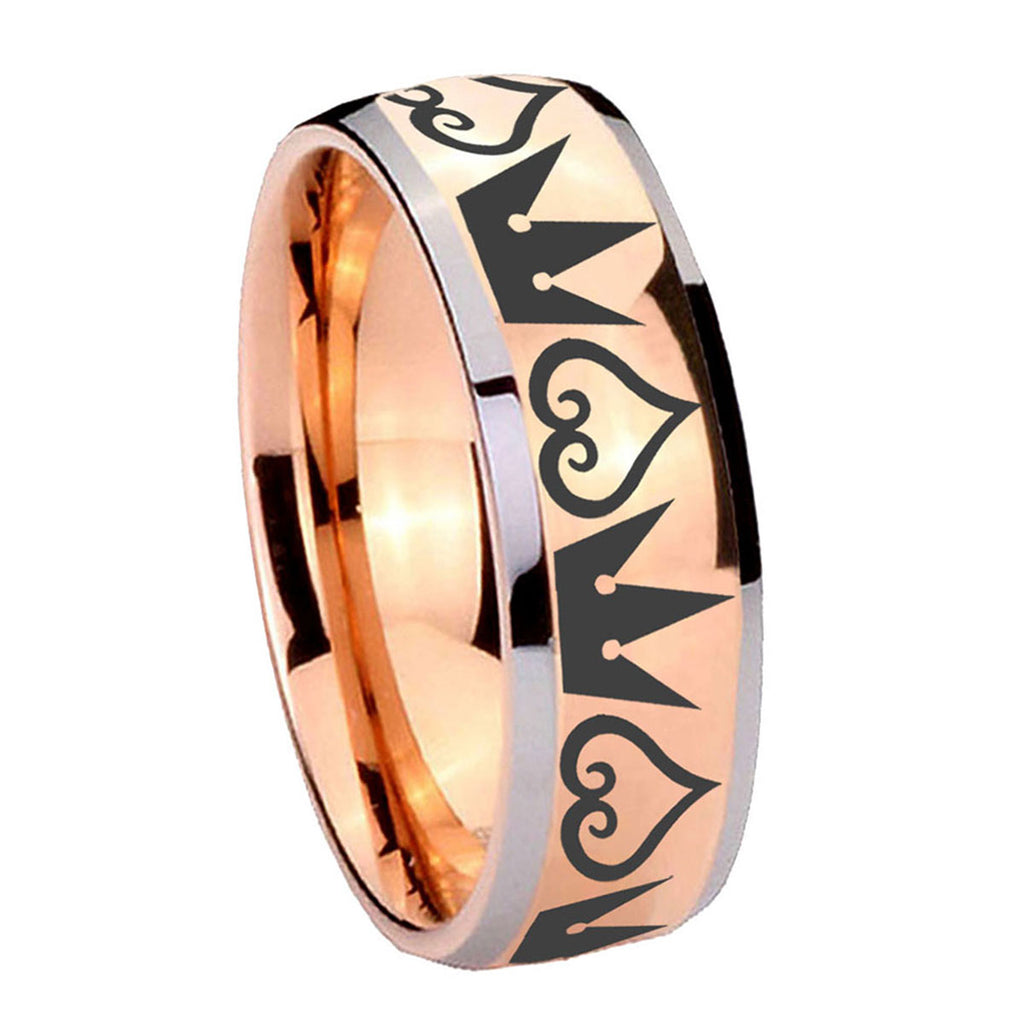 8mm Hearts Crowns Dome Rose Gold Tungsten Mens Promise Ring