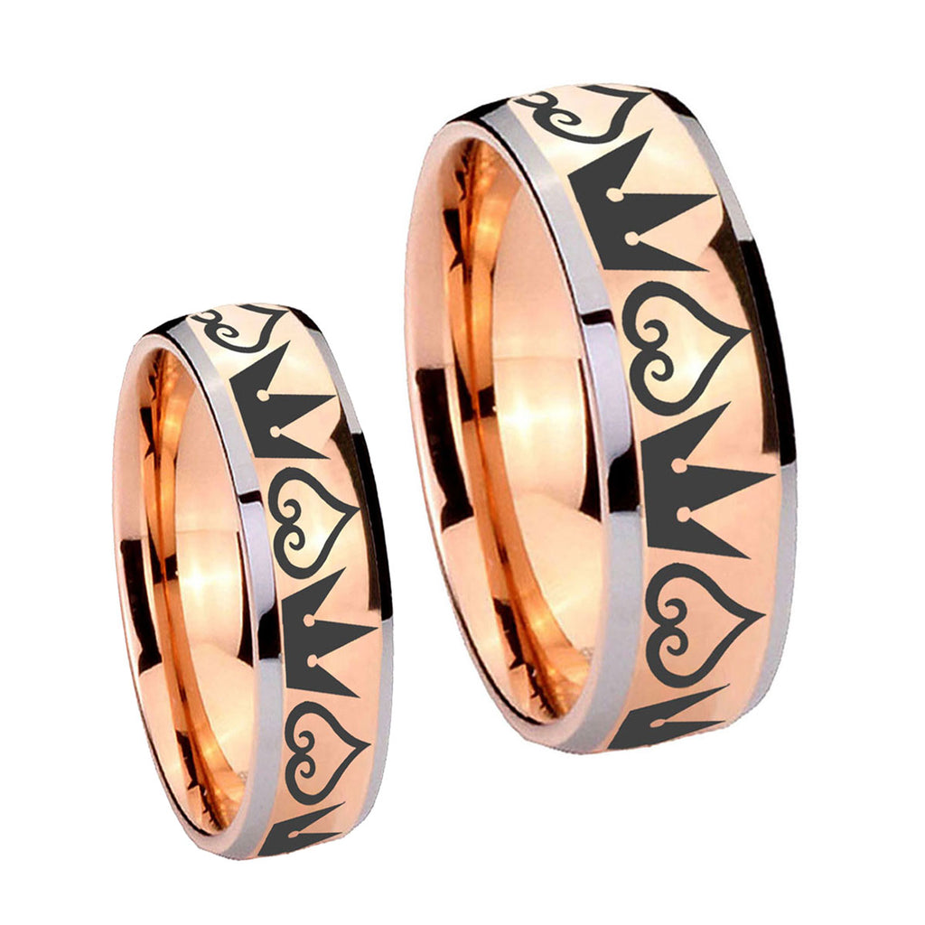 Hearts and Crowns Dome Rose Gold Tungsten Wedding Ring Sets