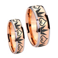 Hearts and Crowns Dome Rose Gold Tungsten Wedding Ring Sets