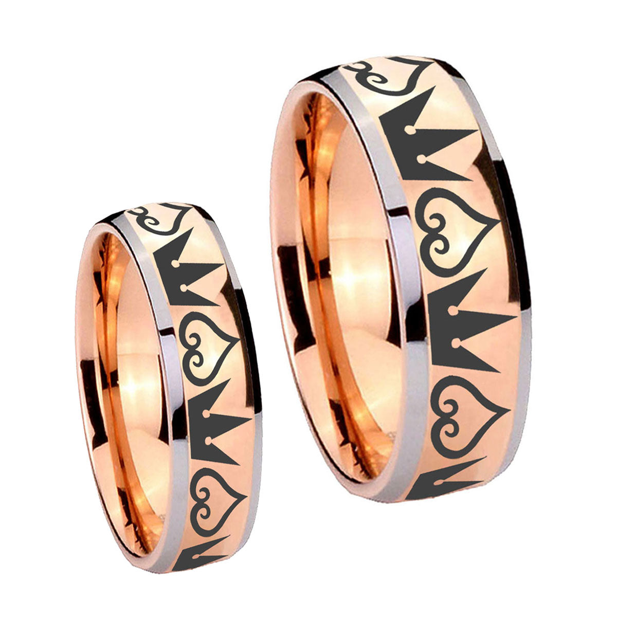 Hearts and Crowns Dome Rose Gold Tungsten Wedding Ring Sets