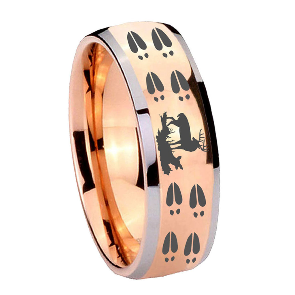 8mm Deer Hunting Tracks Dome Rose Gold Tungsten Mens Ring