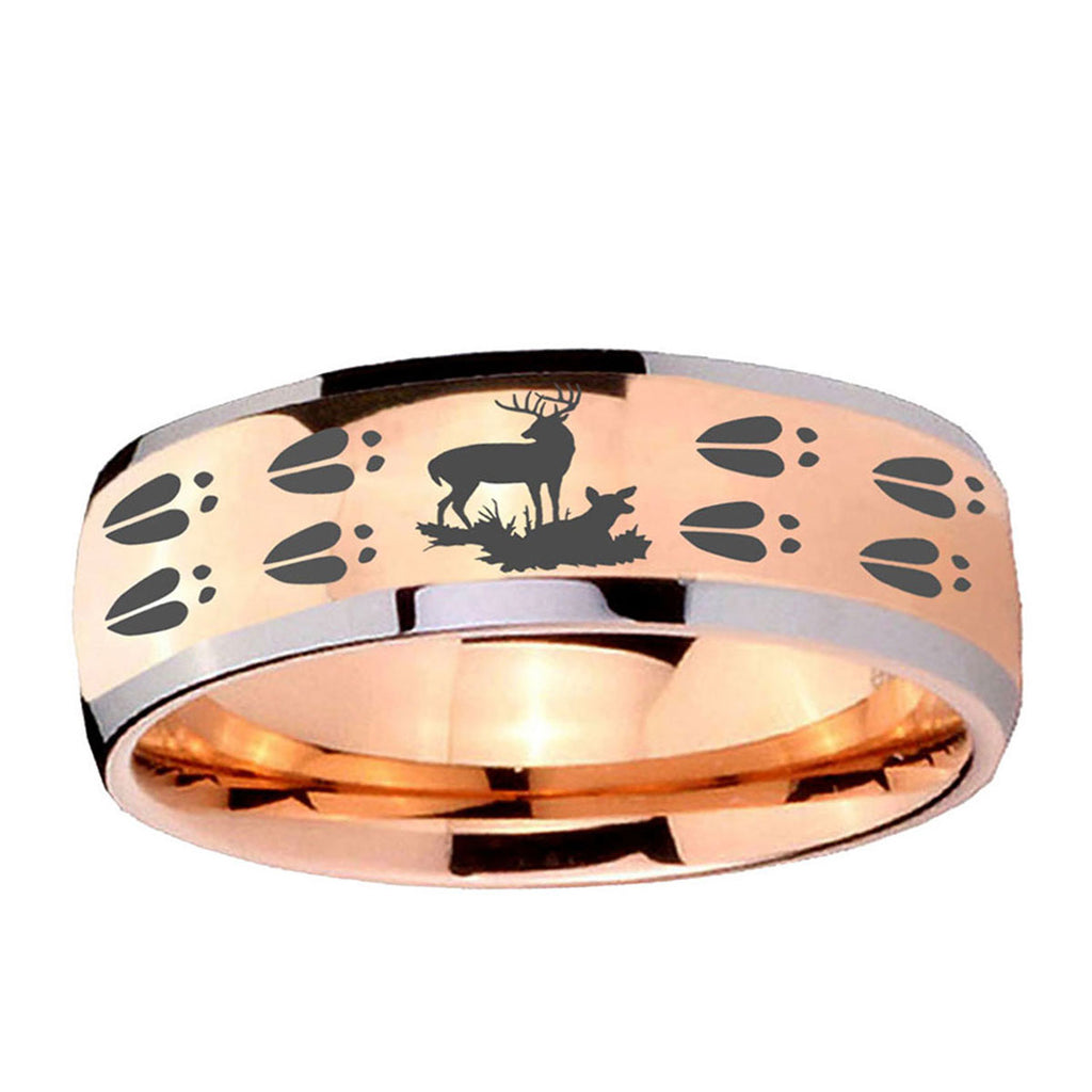 5mm Deer Hunting Tracks Dome Rose Gold Tungsten Mens Ring