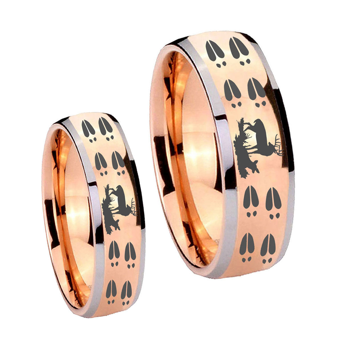 Deer Hunting Tracks Dome Rose Gold Tungsten Matching Ring Set