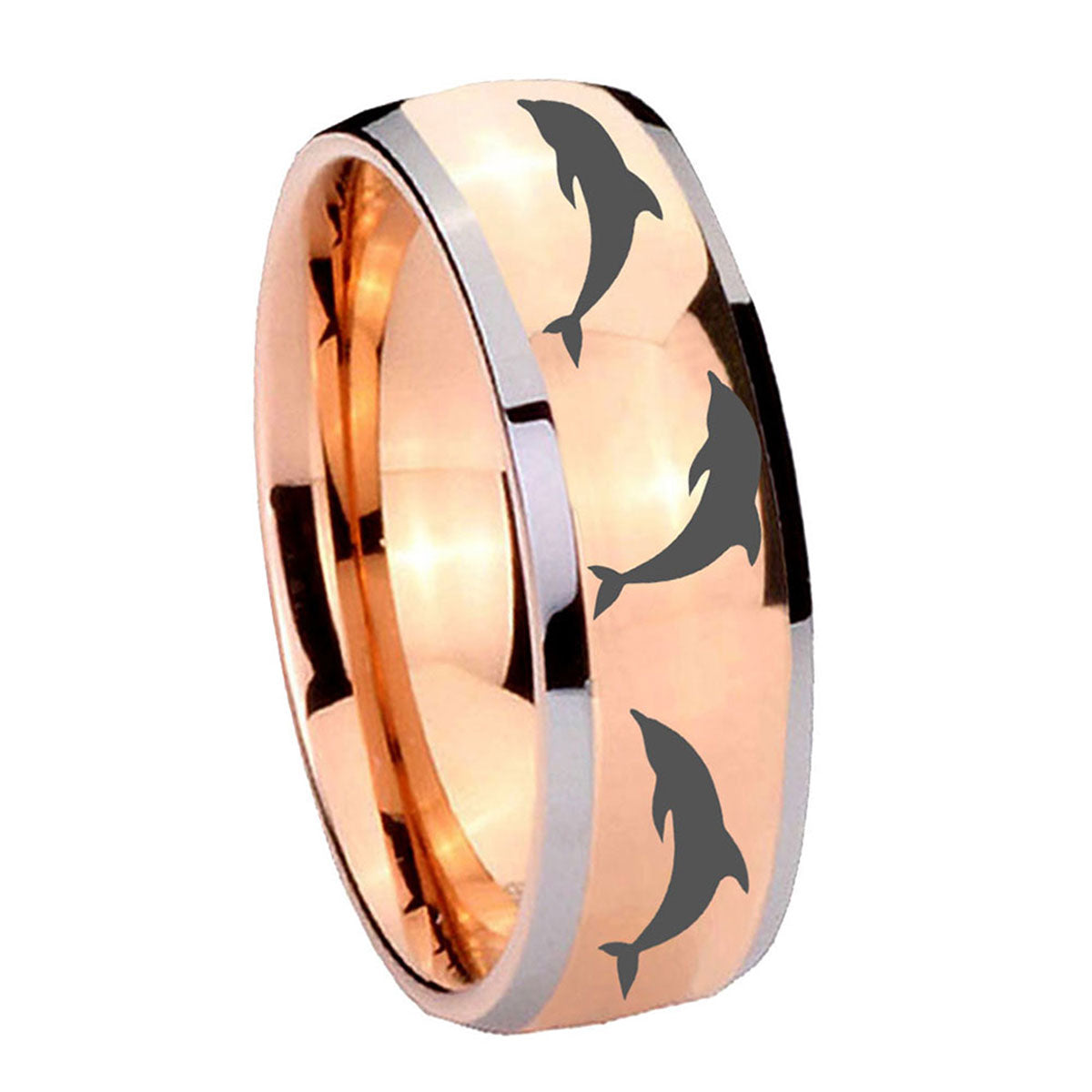 8mm Dolphins Dome Rose Gold Tungsten Personalized Ring