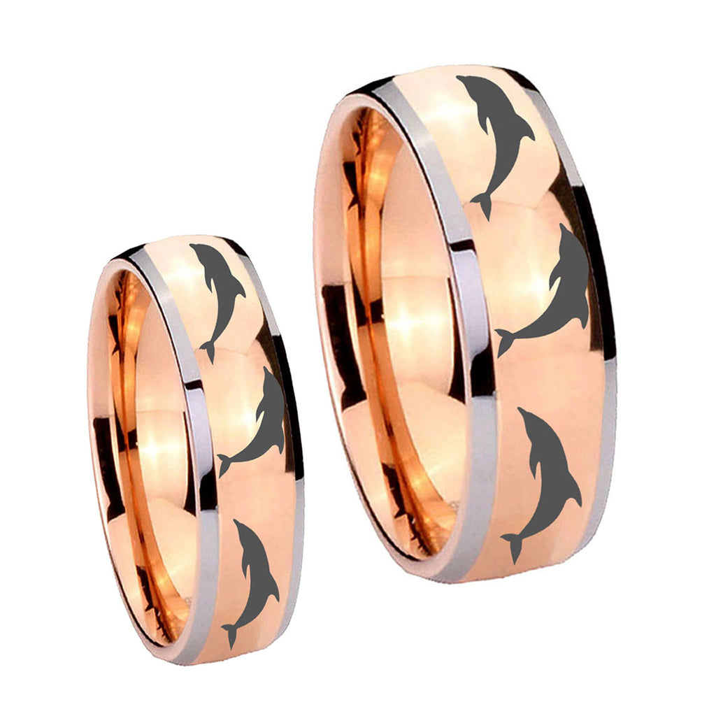 Dolphins Dome Rose Gold Tungsten His Hers Set Rings