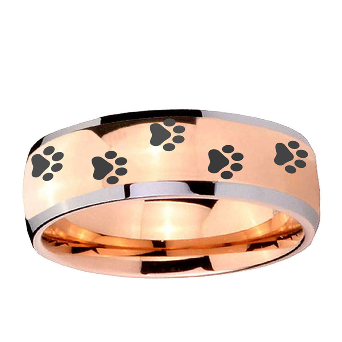 5mm Paw Print Dome Rose Gold Tungsten Custom Mens Ring