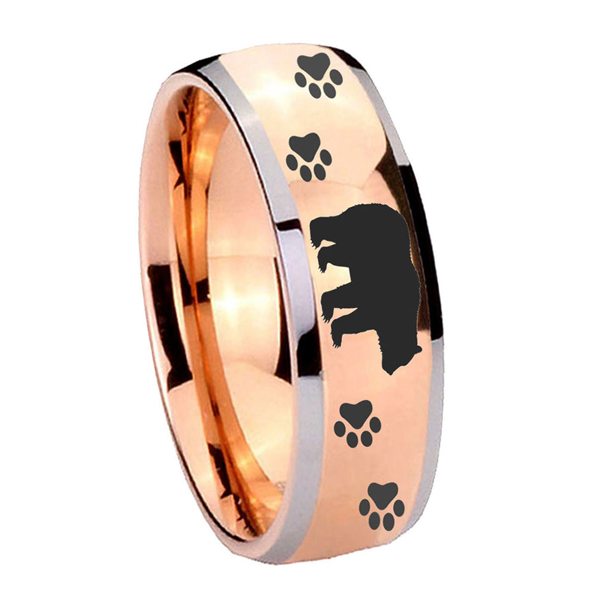 8mm Bear and Paw Dome Rose Gold Tungsten Ring for Men