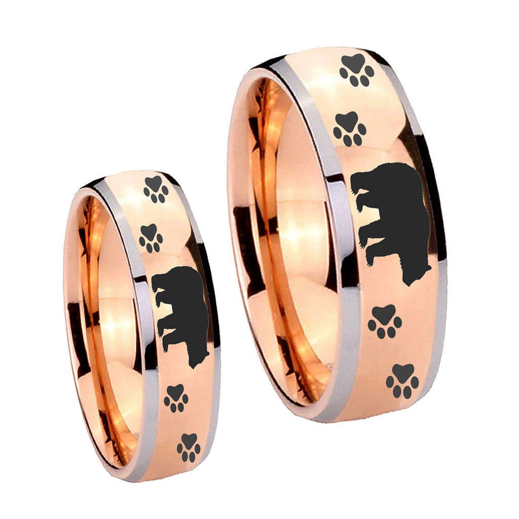 Bear and Paw Dome Rose Gold Tungsten Engagement Ring Set