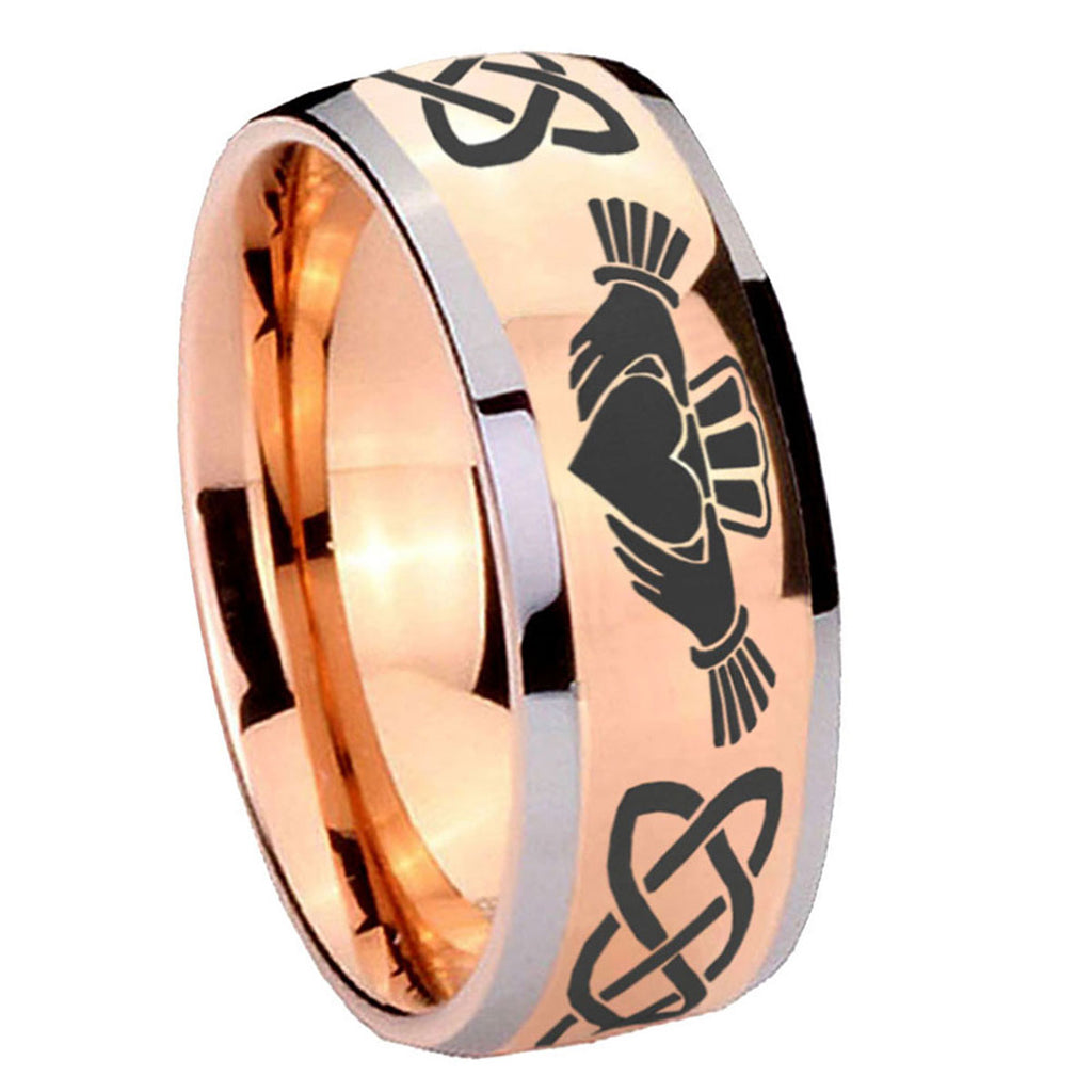 8mm Irish Claddagh Dome Rose Gold Tungsten Ring Personalized