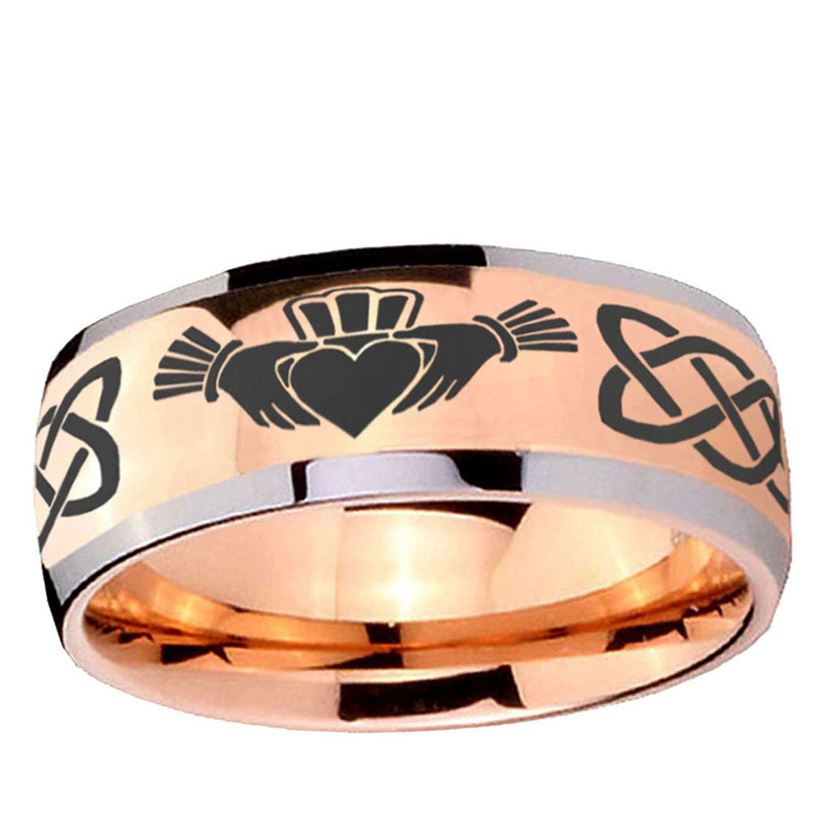 5mm Irish Claddagh Dome Rose Gold Tungsten Ring Personalized