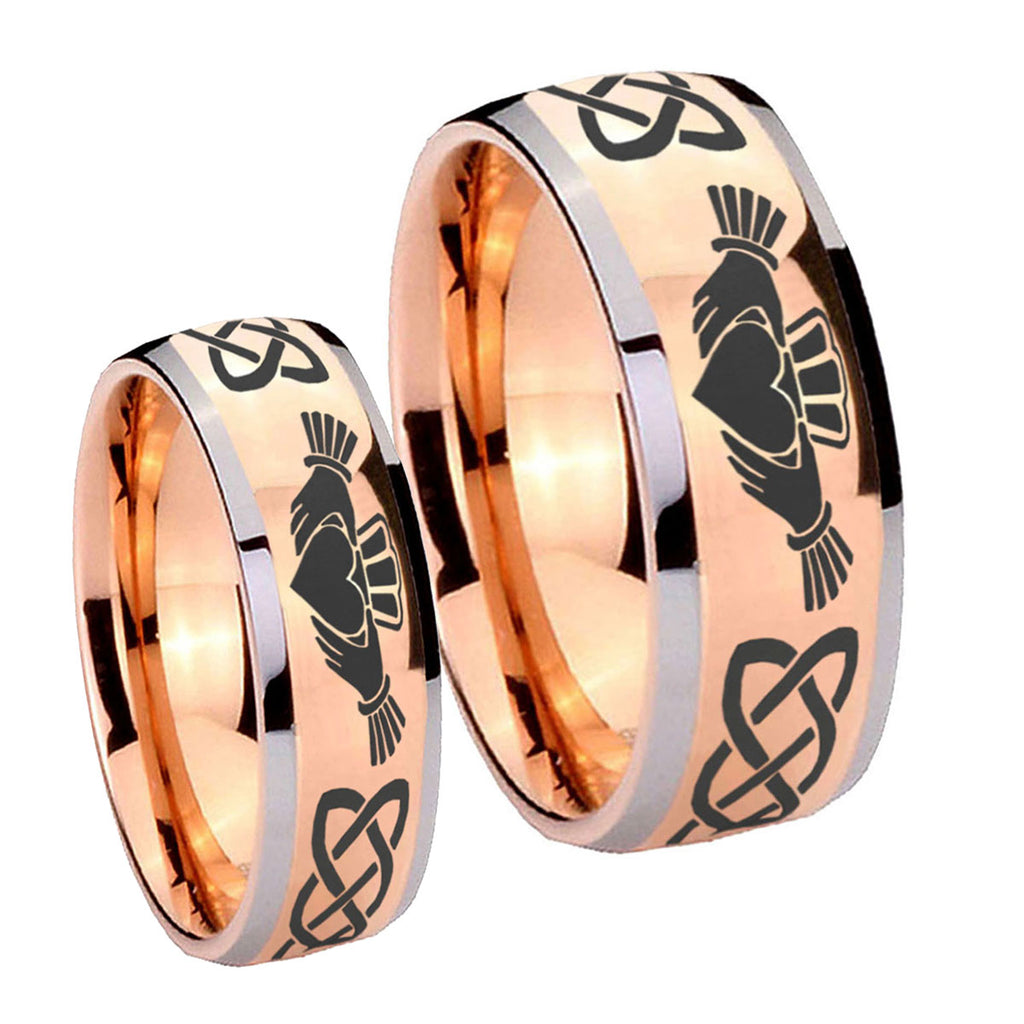 Irish Claddagh Dome Rose Gold Tungsten Matching Ring Set