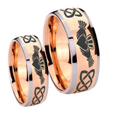 Bride and Groom Irish Claddagh Dome Rose Gold Tungsten Personalized Ring Set