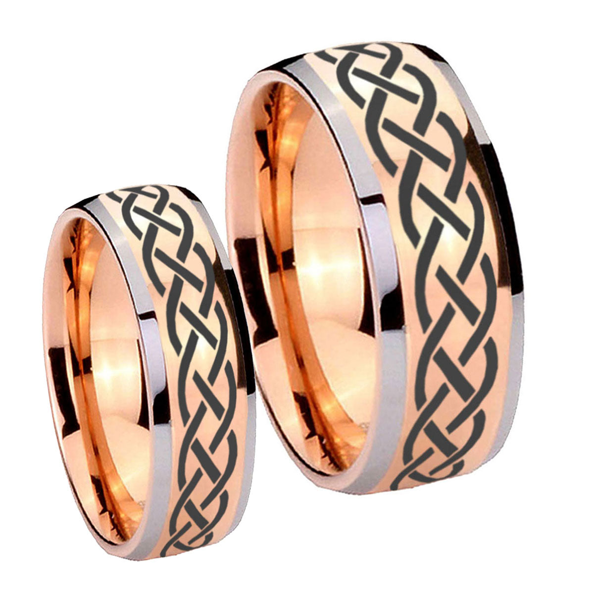Celtic Knot Dome Rose Gold Tungsten Bridal Band Set