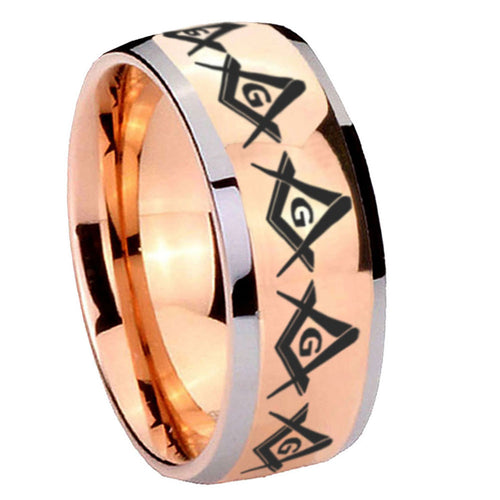 8mm Masonic Square Compass Dome Rose Gold Tungsten Ring