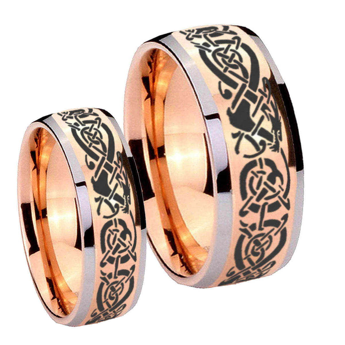 Celtic Knot Dragon Dome Rose Gold Tungsten Wedding Set Rings