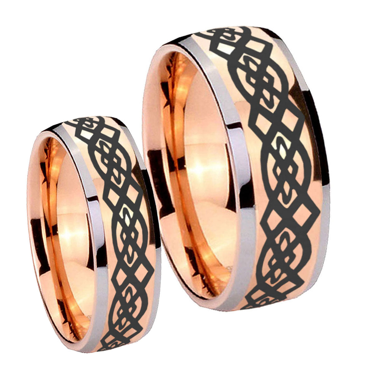 Celtic Knot Dome Rose Gold Tungsten Bridal Ring Sets