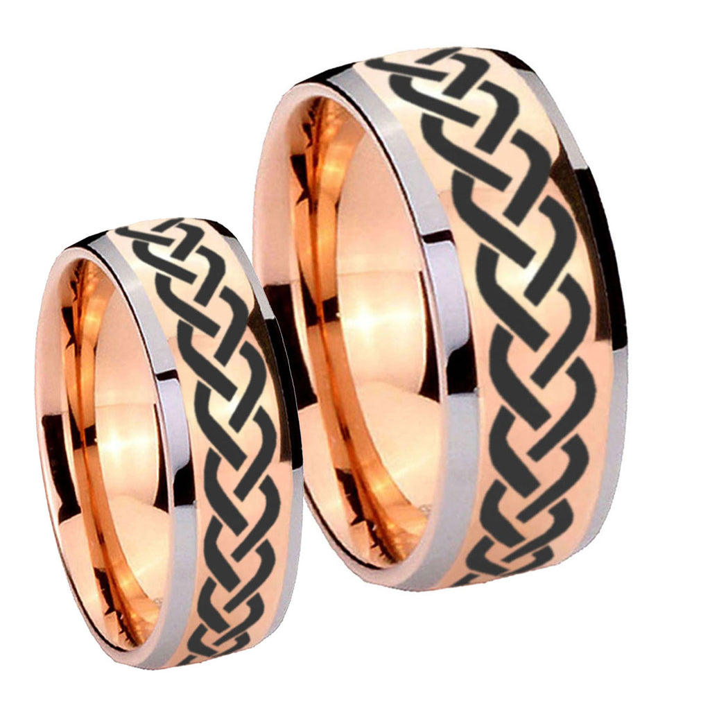 Laser Celtic Knot Dome Rose Gold Tungsten Mens Band Set
