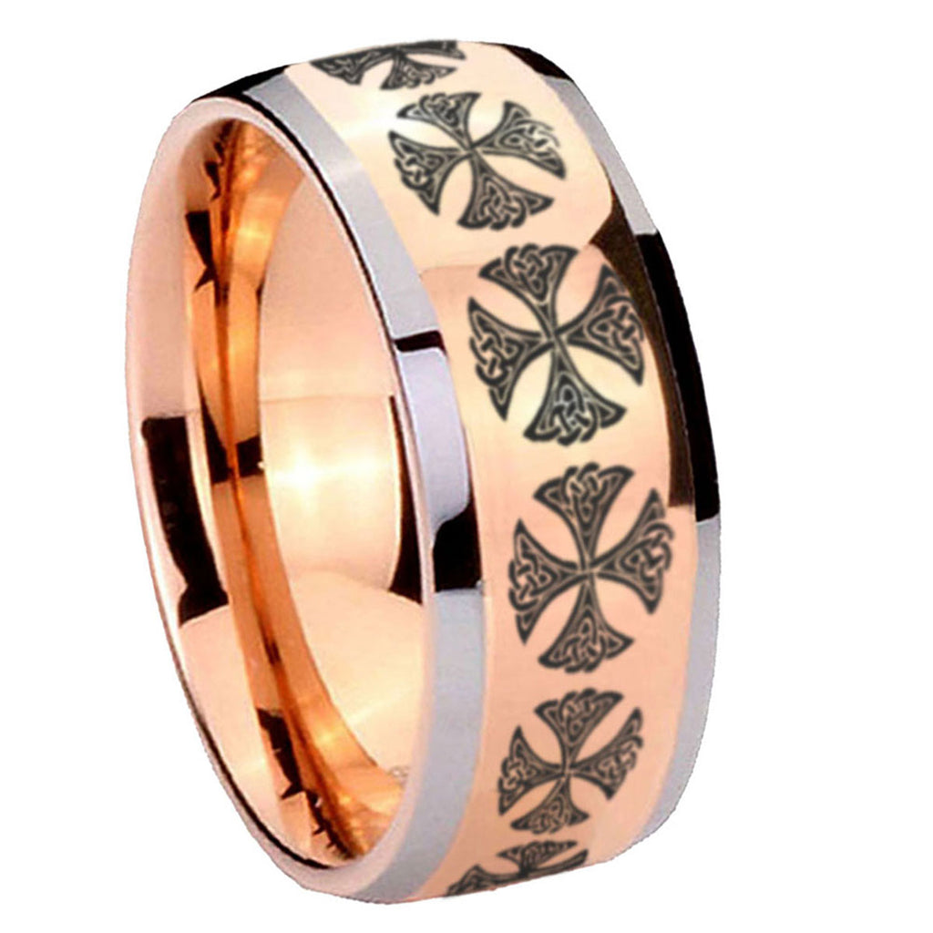 8mm Medieval Cross Dome Rose Gold Tungsten Custom Mens Ring