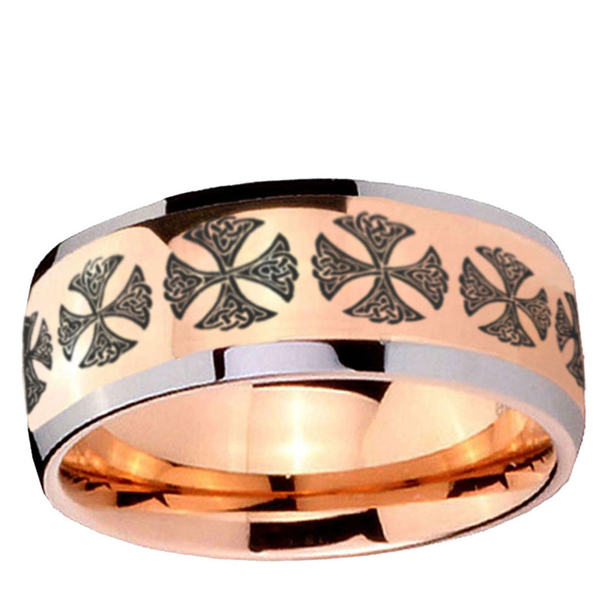 5mm Medieval Cross Dome Rose Gold Tungsten Custom Mens Ring
