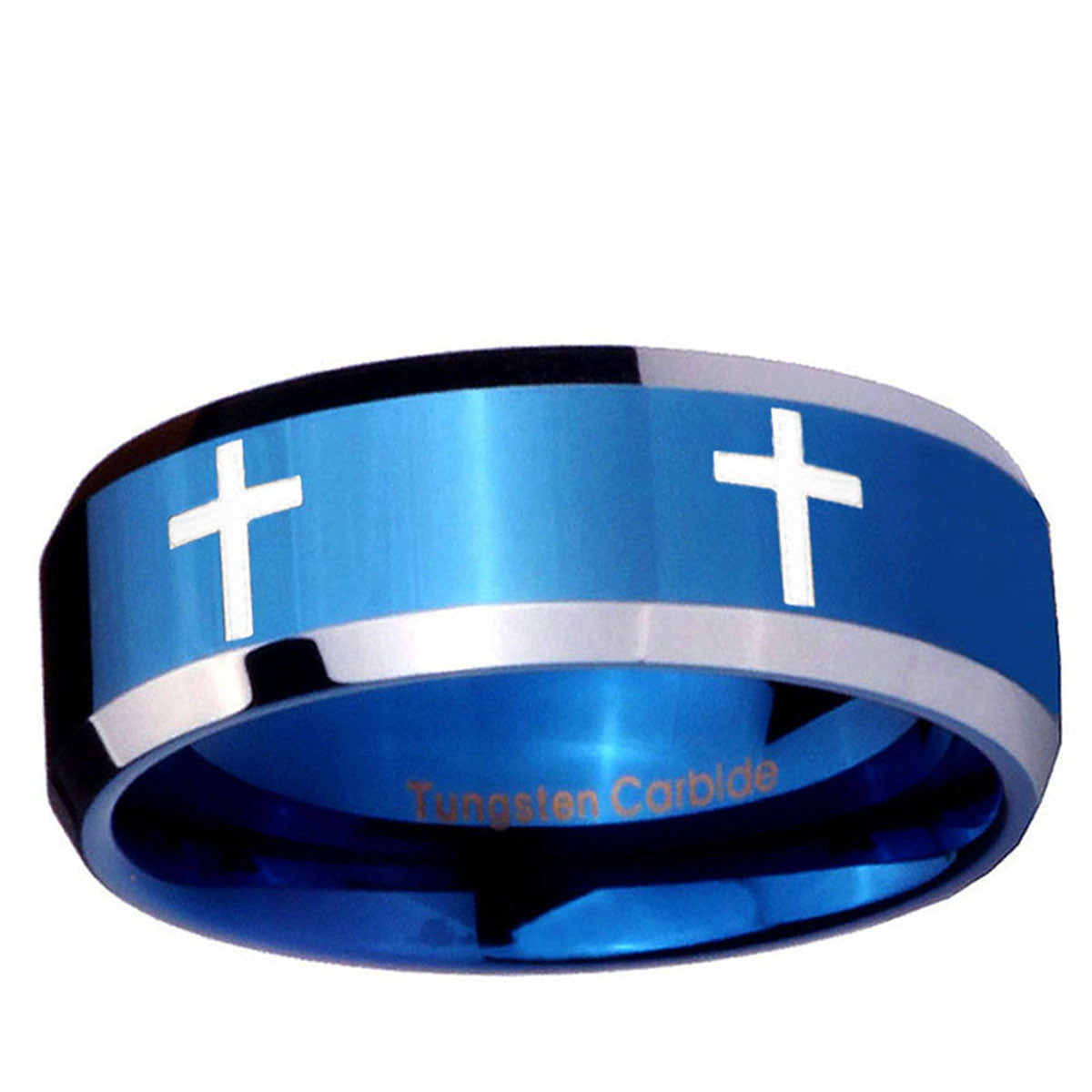 5MM Crosses Beveled Blue Tungsten Ring For Man