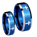Crosses Beveled Edges Blue 2 Tone Tungsten Bridal Ring Set