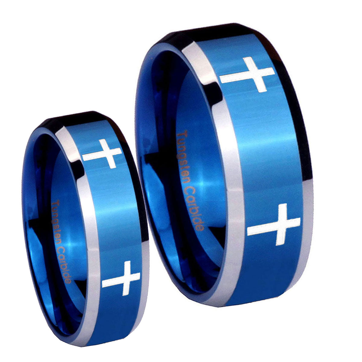 Crosses Beveled Edges Blue 2 Tone Tungsten Bridal Ring Set