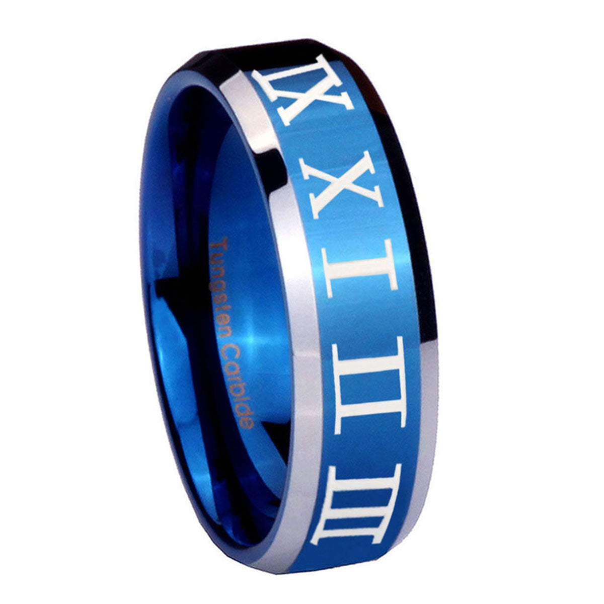 8MM Roman Numeral Beveled Blue Tungsten Custom Ring