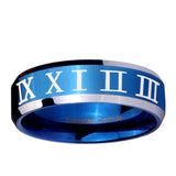 5, 8mm Roman Numeral Beveled Edge Blue 2 Tone Tungsten Ring