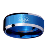 10mm Fleur-De-Lis Beveled Edge Blue 2 Tone Tungsten Ring