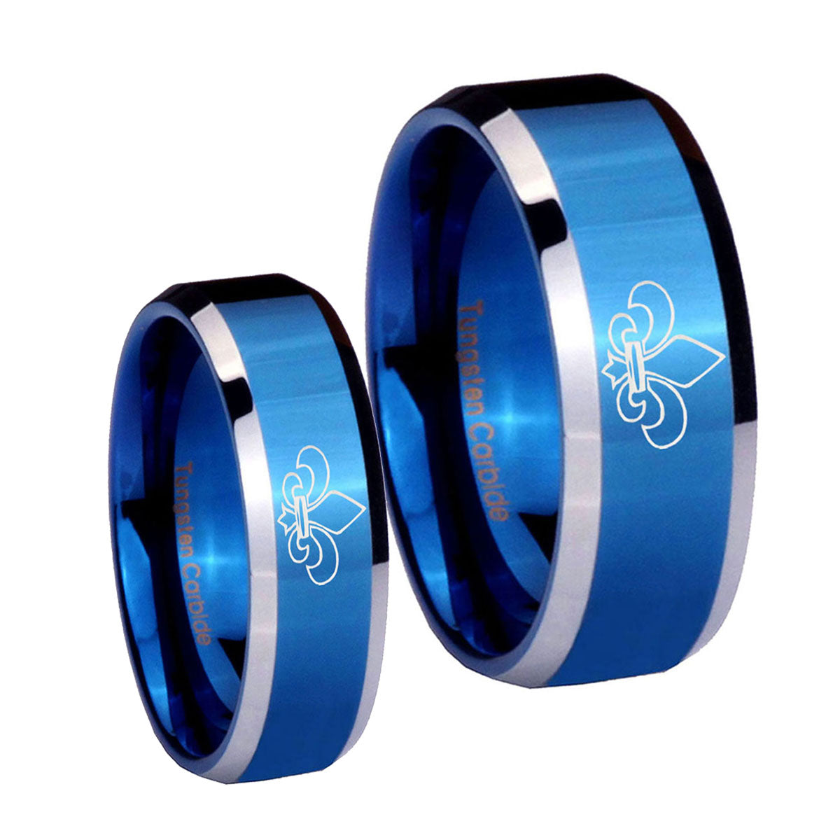 Fleur De Lis Beveled Blue 2 Tone Tungsten Couple Band Set