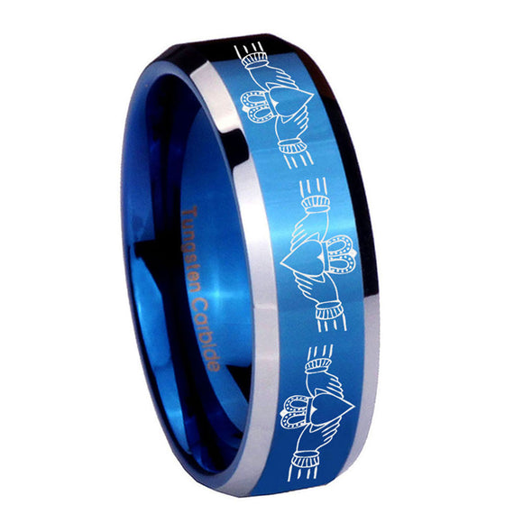 10mm-Irish-Claddagh-Beveled-Edges-Blue-2-Tone-Tungsten-Mens-Ring-Engraved