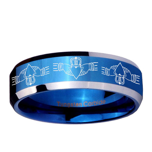 10mm Irish Claddagh Beveled Edge Blue 2 Tone Tungsten Ring