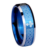 10mm Celtic Cross Beveled Edges Blue 2 Tone Tungsten Mens Ring Personalized