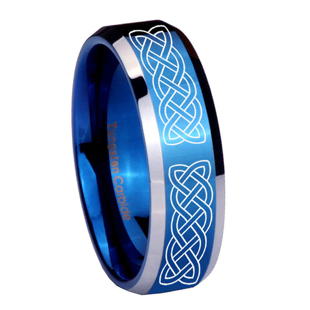 8MM Celtic knot Beveled Blue Tungsten Mens Wedding Rings