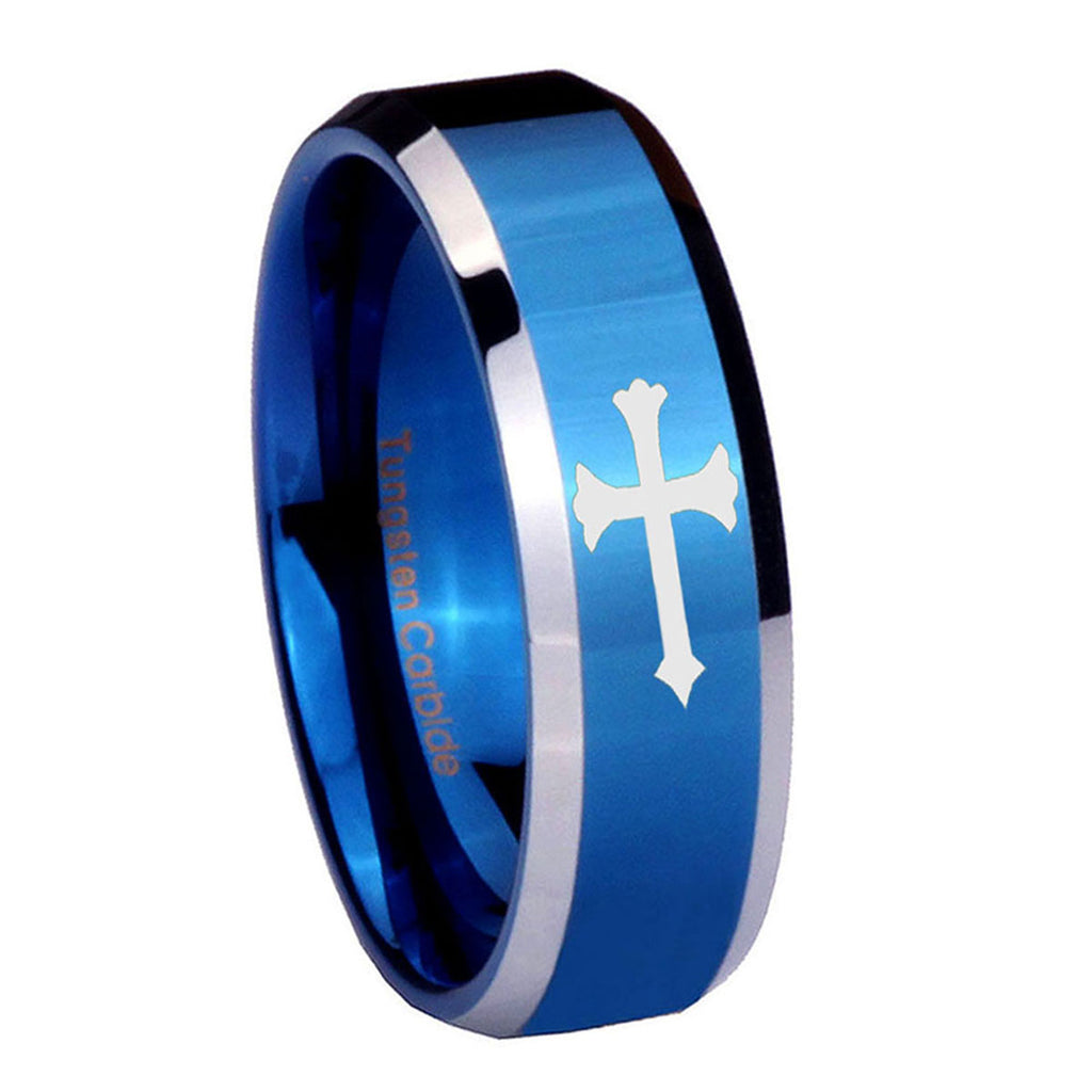 8MM Christian Cross Beveled Blue Tungsten Promise Ring For Men