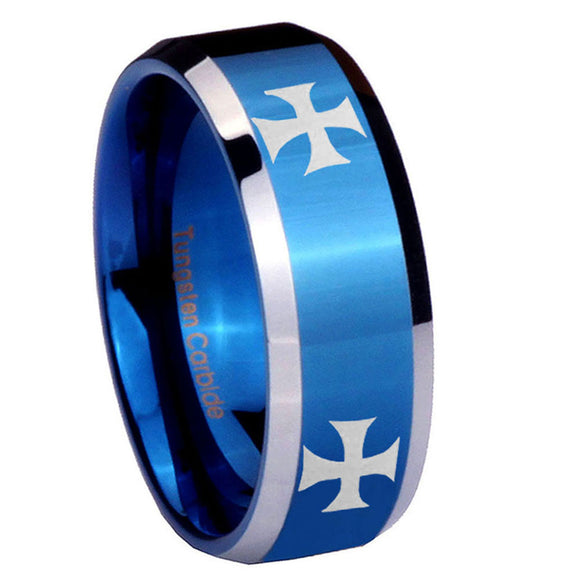 10mm-4-Maltese-Cross-Beveled-Edges-Blue-2-Tone-Tungsten-Mens-Anniversary-Ring