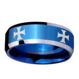 8mm-4-Maltese-Cross-Beveled-Edges-Blue-2-Tone-Tungsten-Anniversary-Ring