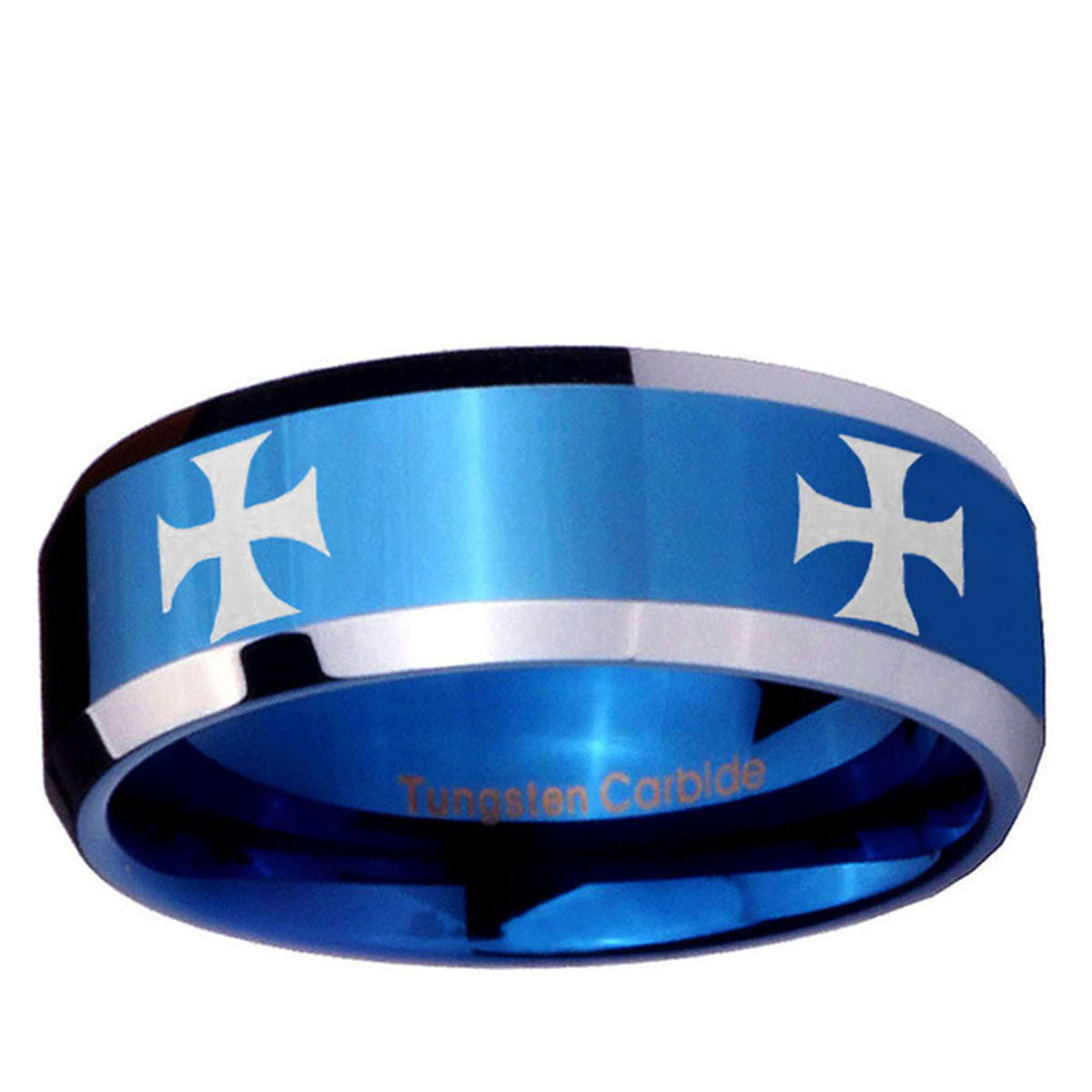 10mm 4 Maltese Cross Beveled Edge Blue 2 Tone Tungsten Ring