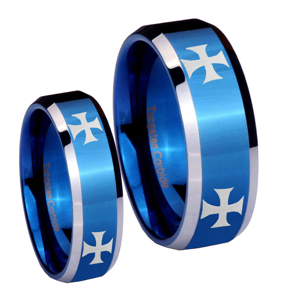 4 Maltese Cross Beveled Blue 2 Tone Tungsten Wedding Set Ring