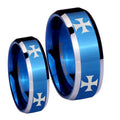 4 Maltese Cross Beveled Blue 2 Tone Tungsten Wedding Set Ring