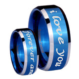 10mm I Love You Forever and ever Beveled Edges Blue 2 Tone Tungsten Mens Ring